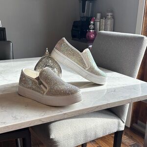 Iridescent Crystal Slip-On Platform Sneakers - White
